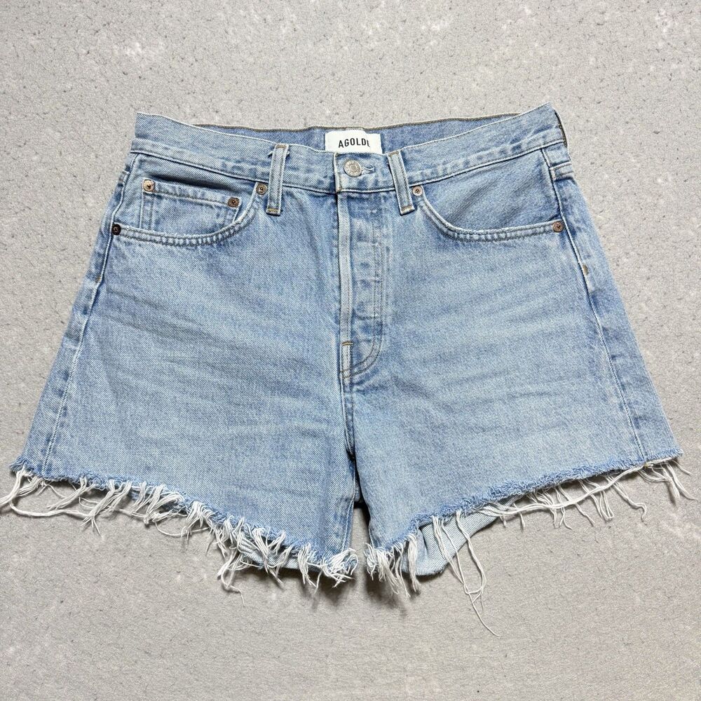 AGOLDE Parker Long High Rise Distressed Cut Off Denim Shorts Blue Women’s 27